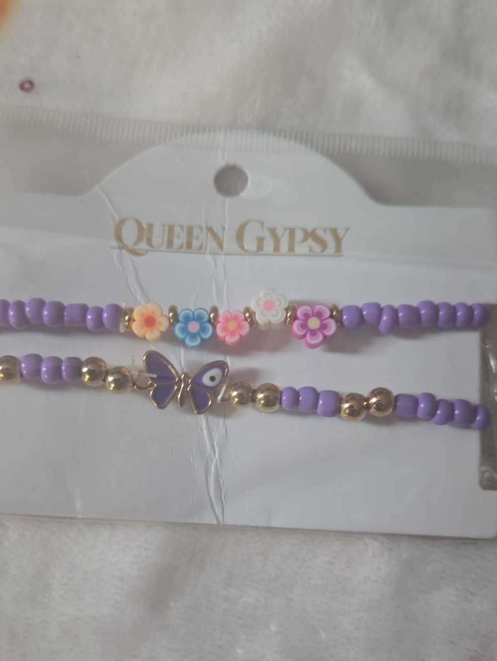 Purple Beaded Bracelet Set with Multi Color Flower & Butterfly Charms